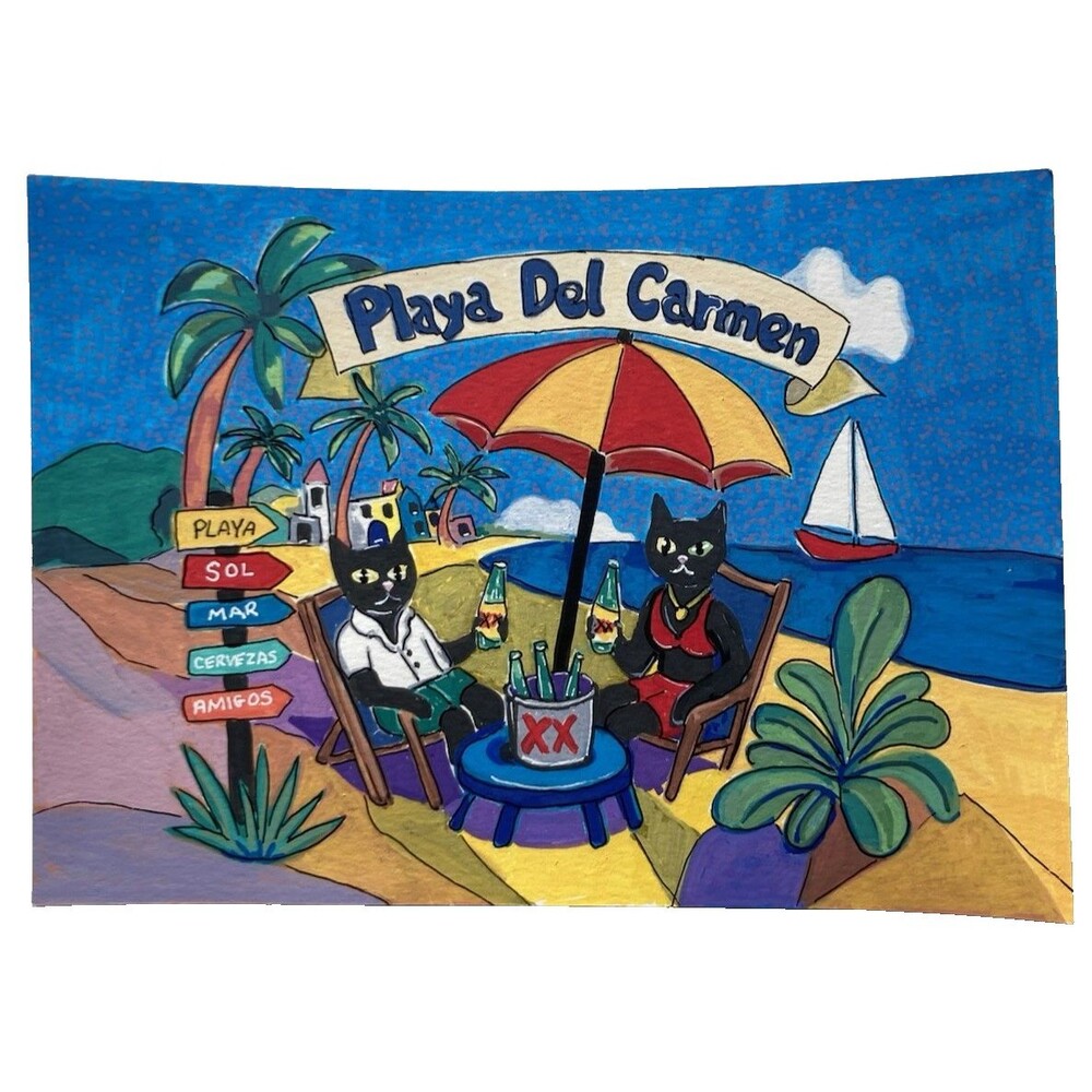 Original Black Cat Painting 5x7 Playa del Carmen Mexico Beach Folk Art Cervezas